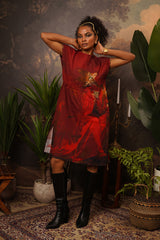 Crimson Leopard Hemp Printed Gathered Dress