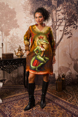 Crocodile Crown Hemp Printed V-Neck Shift Dress