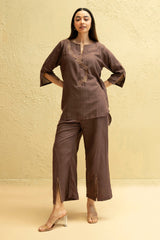 Chocolate Brown Regular-Fit Hemp & Tencel Co-ord Set with Hand Embroidery & High Round Neck with Accentuated Back (Mridaa)