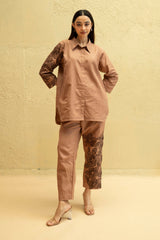 Mocha Brown Regular-Fit Hemp & Tencel Co-ord Set with Hand Embroidery & Shirt Collar (Tamarind Bloom)