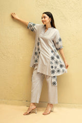 Dove Gray Anti-Fit Hemp & Tencel Co-ord Set with Hand Embroidery & Chinese V-Neck (Aaryaa)