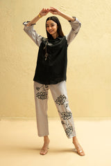 Black & Dove Gray Regular-Fit Hemp & Tencel Co-ord Set with Hand Embroidery & Shirt Collar (Tamaraa)