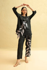 Black Regular-Fit Hemp & Tencel Co-ord Set with Embroidery & Round Neck (Zyra)