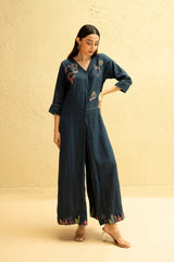 Midnight Teal Blue Regular-Fit Hemp & Tencel Jump Suit with Hand Embroidery & V-Neck (Ummegha Bloom)