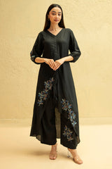 Black Regular-Fit Hemp & Tencel Jumpsuit with Hand Embroidery & V-Neck (Noir Flora)