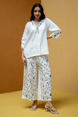 White Regular-Fit Hemp & Tencel Co-ord Set with Hand Embroidery & Lapel Collar (Neerja)