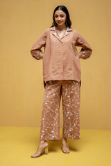 Mud Brown Regular-Fit Hemp & Tencel Co-ord Set with Hand Embroidery & Lapel Collar (Maatii)