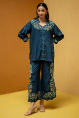 Navy Blue Regular-Fit Hemp & Tencel Co-ord Set with Hand Embroidery & Scalloped Neck (Kaayaa)