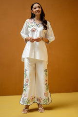 White Regular-Fit Hemp & Tencel Co-ord Set with Hand Embroidery & Scalloped Neckline (Aairaa)