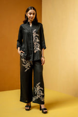 Black Regular-Fit Hemp & Tencel Co-ord Set with Hand Embroidery & Strand Collar V-Neck (Zahra)