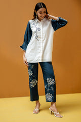 White & Deep Navy Regular-Fit Hemp & Tencel Co-ord Set with Hand Embroidery & Shirt Collar (Meira)