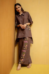 Mocha Brown Anti-Fit Hemp & Tencel Co-ord Set with Hand Embroidery & Shirt Collar (Sarhaa)