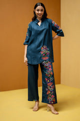 Navy Blue Regular-Fit Hemp & Tencel Co-ord Set with Hand Embroidery & Stand Collar with V-Neck (Neelofar)