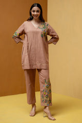 Mud Brown Regular-Fit Hemp & Tencel Co-ord Set with Hand Embroidery & V-Neck (Kaashni)