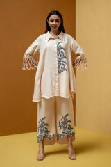 Ivory White Anti-Fit Hemp & Tencel Co-ord Set with Hand Embroidery & Shirt Collar (Gulnaar)