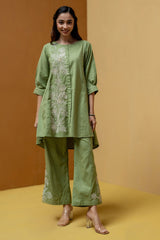 Olive Green Anti-Fit Hemp & Tencel Co-ord Set with Hand Embroidery & Chinese Collar (Eiraa)