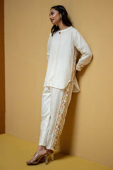 Ivory White Regular Fit Hemp & Tencel Co-ord Set with Hand Embroidery & Chinese Collar (Taruja)