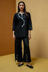 Black Regular-Fit Hemp & Tencel Co-ord Set with Hand Embroidery & High Round Neck with Accentuated Back (Saaya)