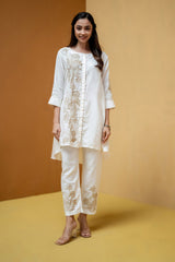 Ivory White Anti-Fit Hemp & Tencel Co-ord Set with Hand Embroidery & Chinese Collar (Naira)