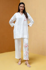 White Regular-Fit Hemp & Tencel Co-ord Set with Hand Embroidery & V-Neck (Viha)