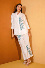 White Regular-Fit Hemp & Tencel Co-ord Set with Hand Embroidery & Strand Collar V-Neck (Aavyaa)