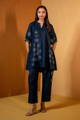 Navy Blue Anti-Fit Hemp & Tencel Co-ord Set with Hand Embroidery & Chinese V-Neck (Keya)