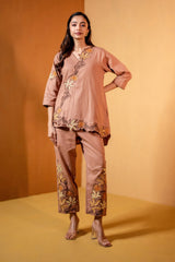 Mud Brown Regular-Fit Hemp & Tencel Co-ord Set with Hand Embroidery & V-Neck (Vanyaa)