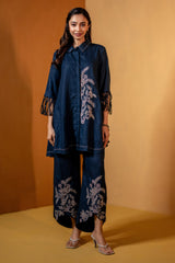 Navy Blue Anti-Fit Hemp & Tencel Co-ord Set with Hand Embroidery & Shirt Collar (Neelam)
