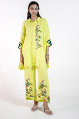 Sage Green Anti-Fit Hemp & Tencel Co-ord Set with Hand Embroidery & Shirt Collar with Cuff Detailing (Inaaya)