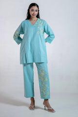 Aqua Blue Regular-Fit Hemp & Tencel Co-ord Set with Hand Embroidery & V-Neck (Aarzuu)